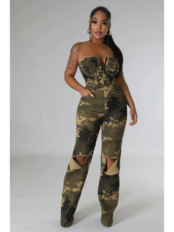 Camouflage Boat Neck Off Shoulder Jumpsuits