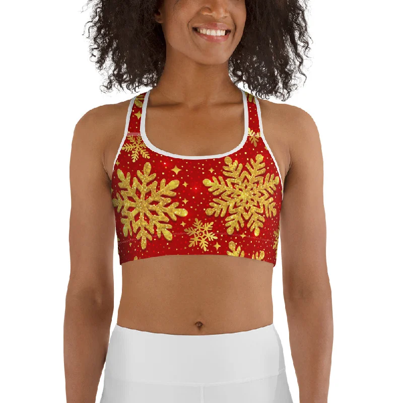 Gold Snowflake Print Sports Bra