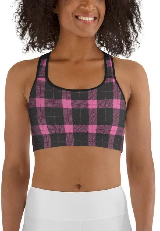 Pink Plaid Print Sports Bra