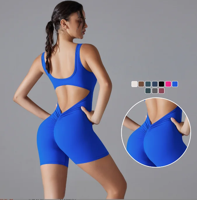 Plus size double - sided nylon nude high - elastic V - waist tight shorts one-piece yoga suit