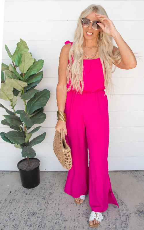 Textured Fuchsia Tie Shoulder Ruched Jumpsuit - Final Sale