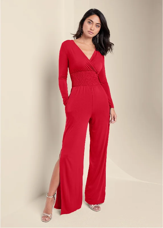 Smocked Waist Jumpsuit - Red