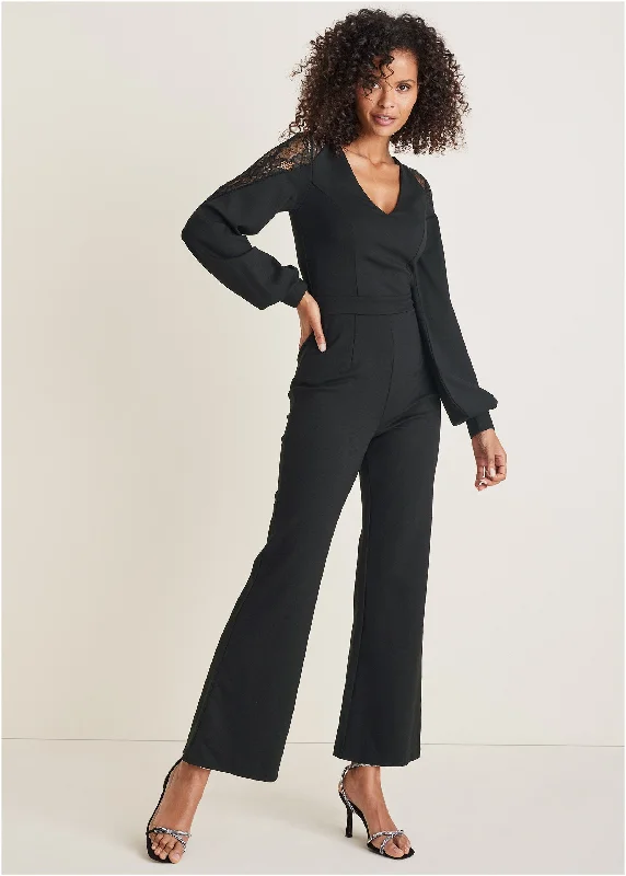 Ponte Lace Detail Jumpsuit  - Black