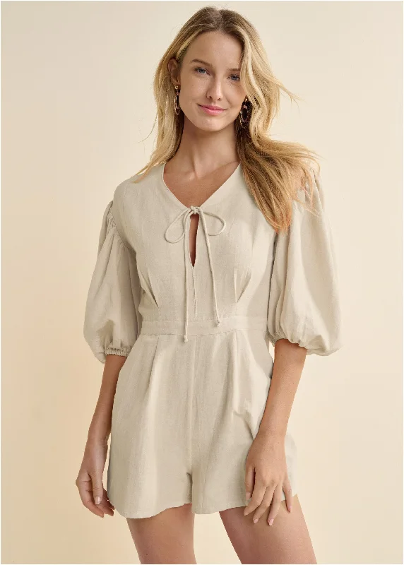 Linen Balloon Sleeve Romper - Natural