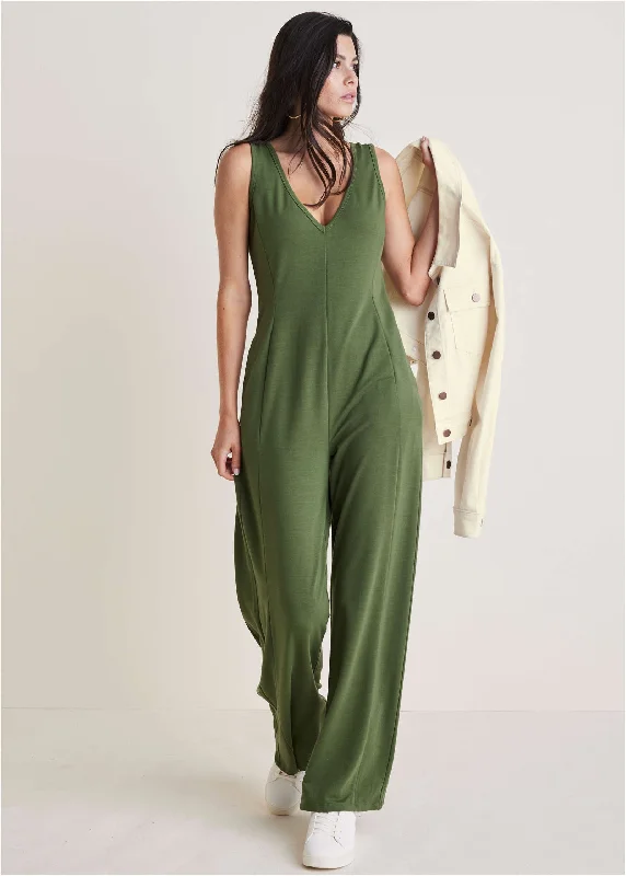 Relaxed V-Neck Jumpsuit - Bronze Green