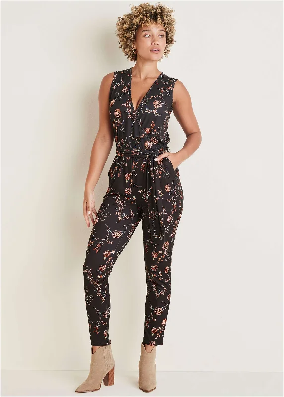 Wrap Tie Jumpsuit - Gothic Roses