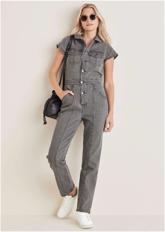 Cap Sleeve Denim Jumpsuit - Grey Wash