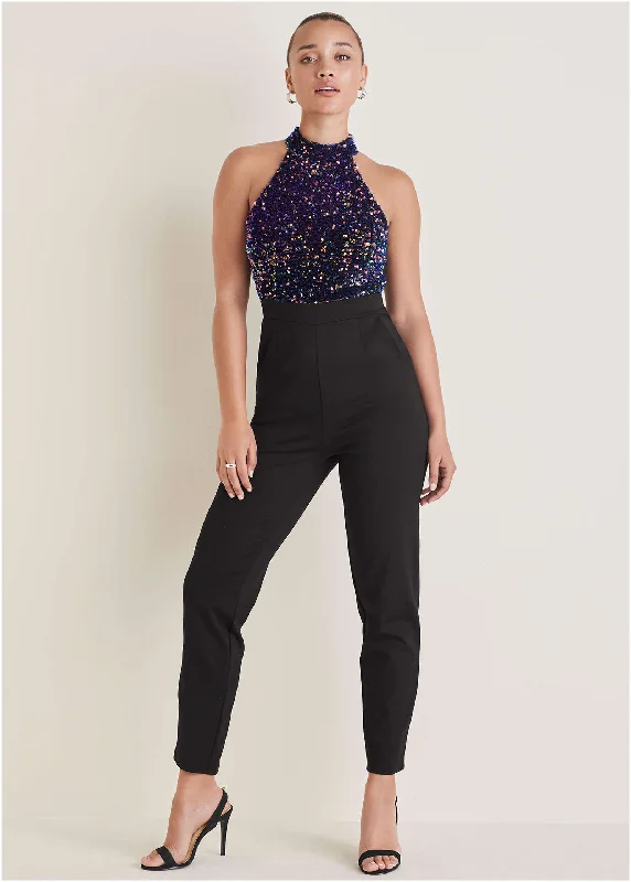 High Neck Sequin Jumpsuit - Fantasy Sequins