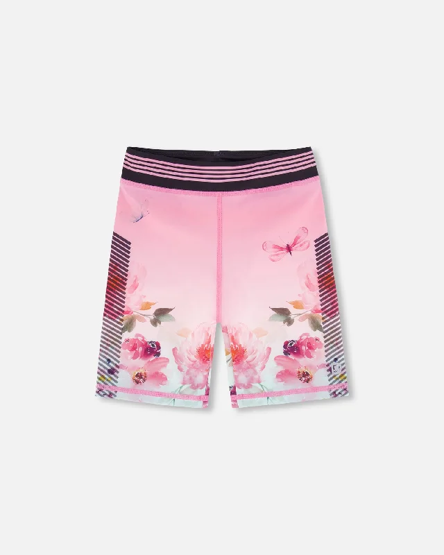 Athletic Biker Shorts Gradient Pink Printed Big Flowers