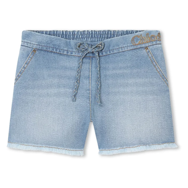 Blue Bleach Denim Embroidered Shorts