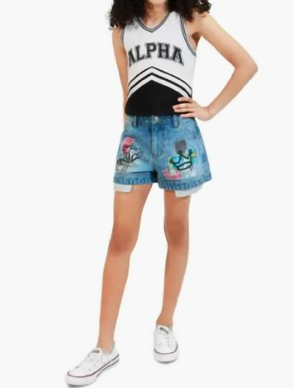 Girl's Applique Lace Shorts In Blue