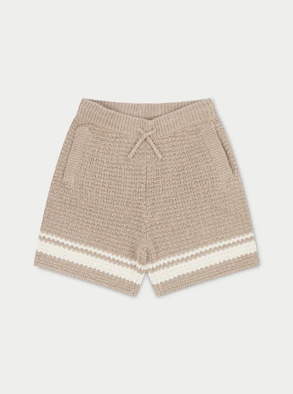 KIDS CROCHET KNITTED CONTRAST STRIPE SHORTS - BROWN