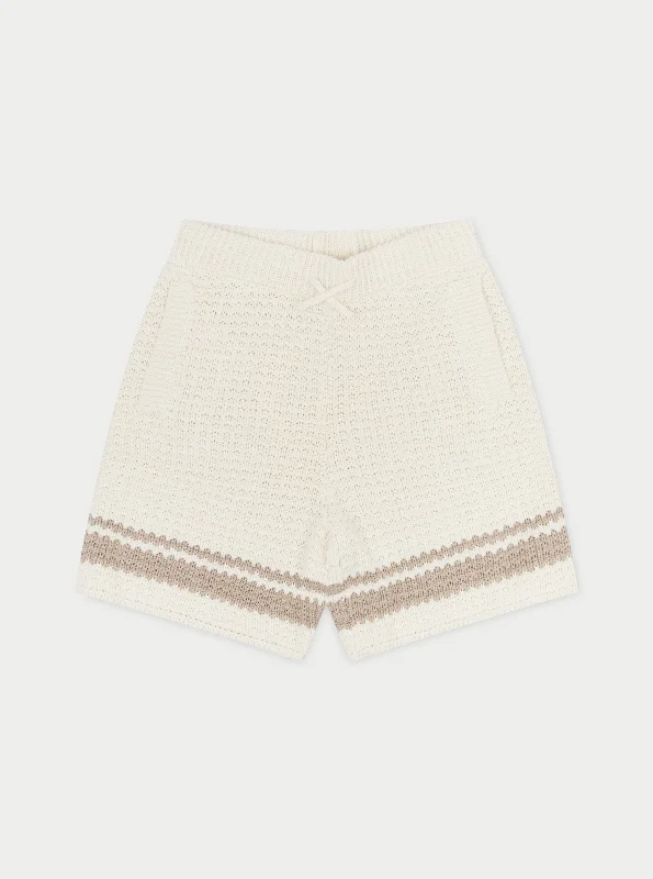 KIDS CROCHET KNITTED CONTRAST STRIPE SHORTS - OFF WHITE