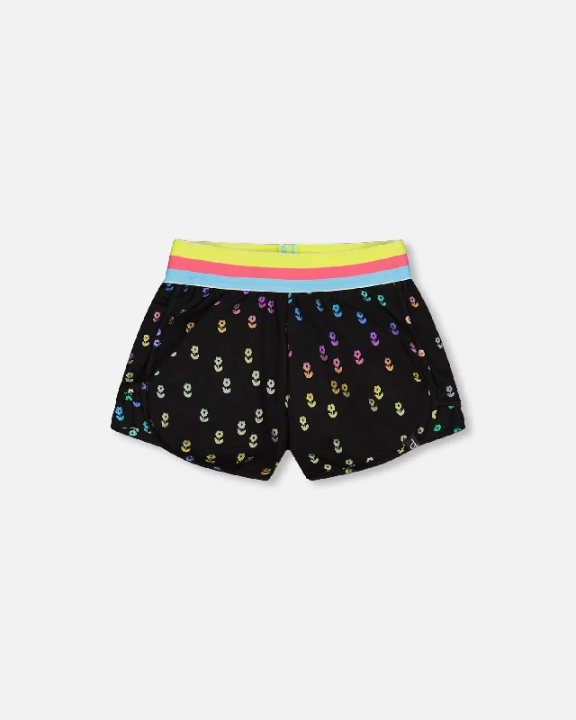 Striped Waist Short Black With Colored Metallic Flower Print