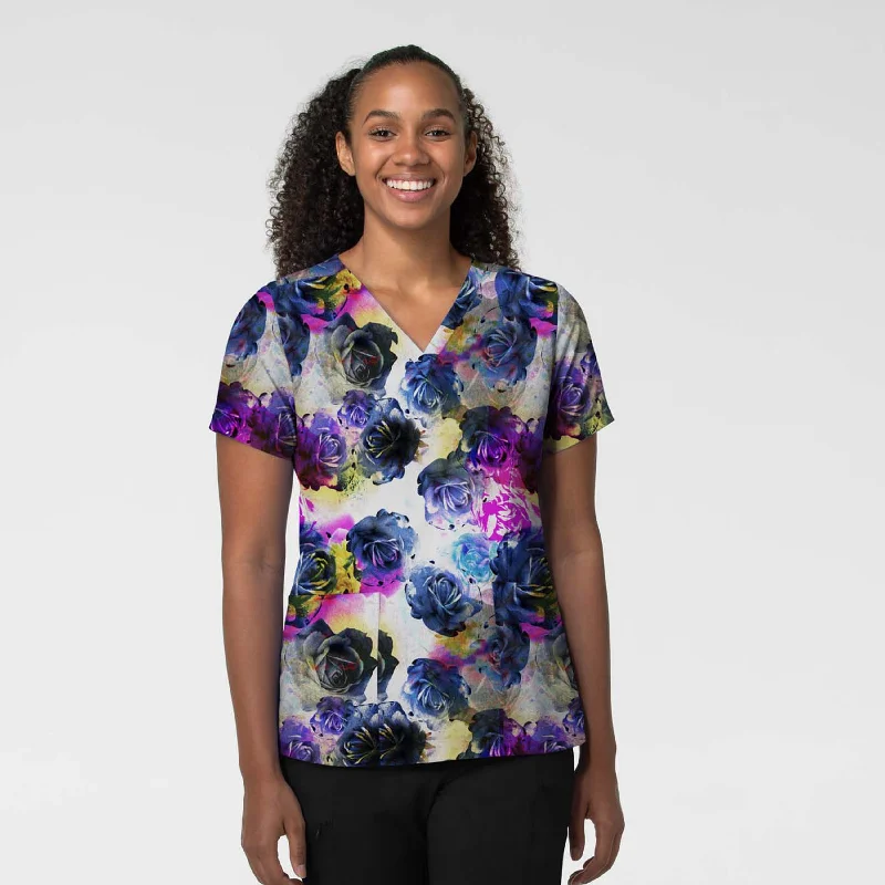 Women's Fitted 3-Pocket V-Neck Print Scrub Top - Stamped Rose