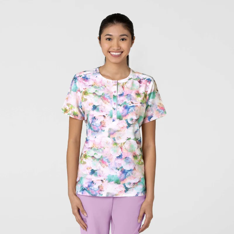 Women's Round Neck Tuck-In Print Scrub Top - Marble Blossom