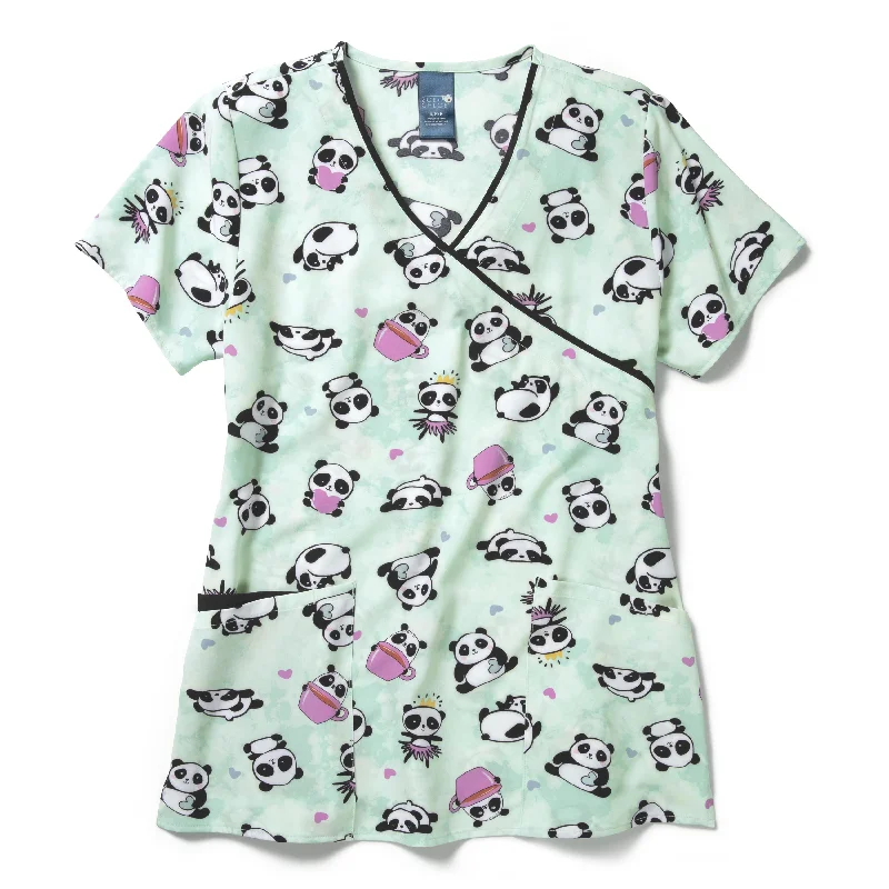 Zoe+Chloe Contrast Mock Wrap Print Scrub Top - A Latte Fun