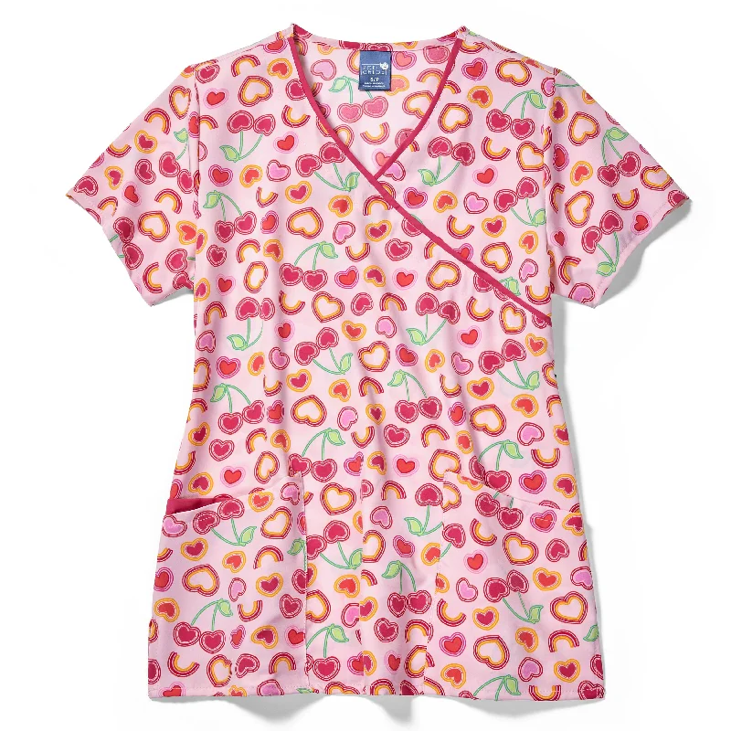 Zoe+Chloe Contrast Mock Wrap Print Scrub Top - Cherry Berry