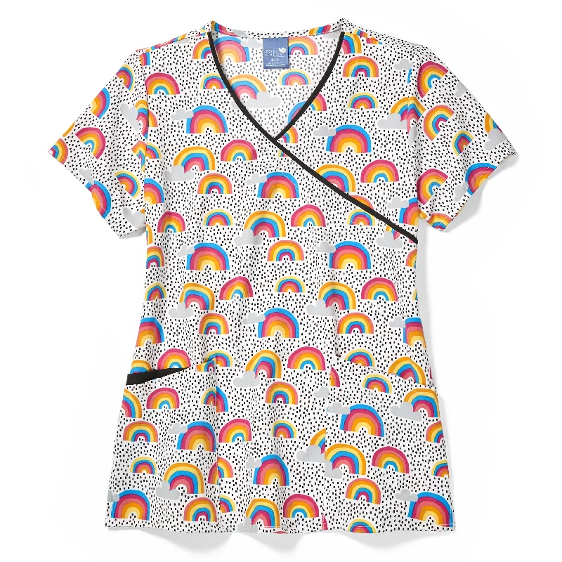 Zoe+Chloe Contrast Mock Wrap Print Scrub Top - Double Rainbow