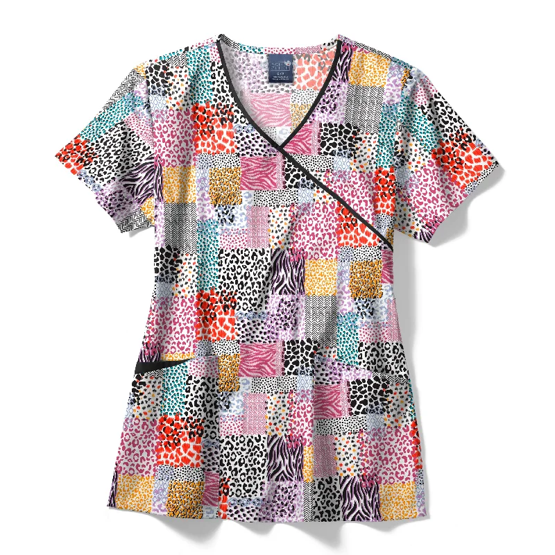 Zoe+Chloe Contrast Mock Wrap Print Scrub Top - Pattern Patch