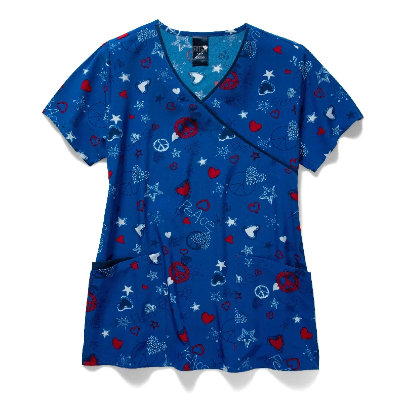 Zoe+Chloe Contrast Mock Wrap Print Scrub Top - Peace Love Liberty