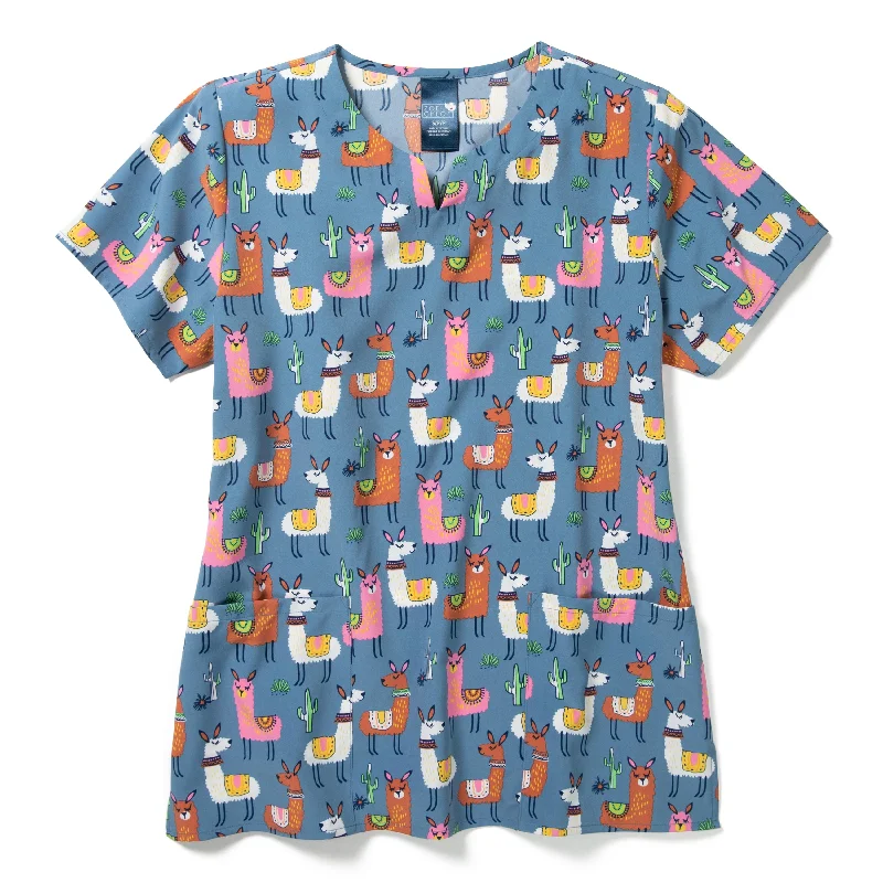 Zoe+Chloe Performance Notch Neck Print Scrub Top - Llama Rama