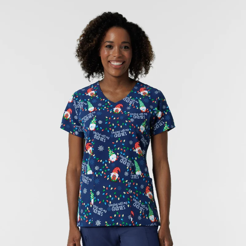 Zoe+Chloe Performance V-Neck Print Scrub Top - Gnome Alone