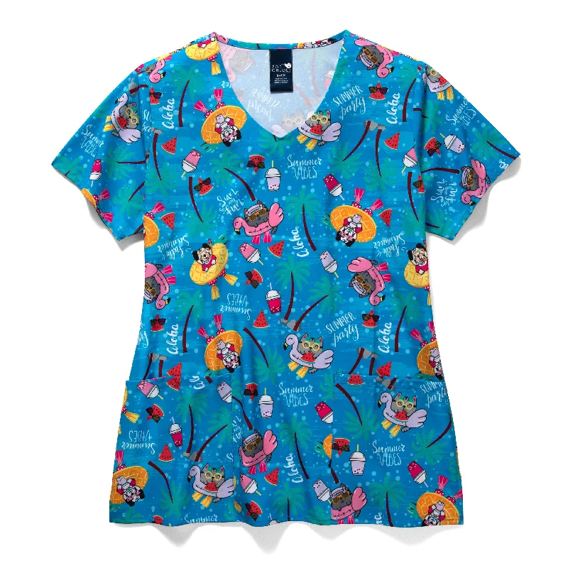 Zoe+Chloe Performance V-Neck Print Scrub Top - Playcation