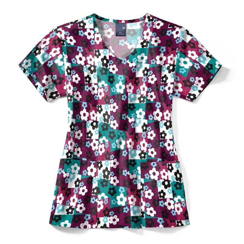 Zoe+Chloe Performance V-Neck Print Scrub Top - Skater Check Wine