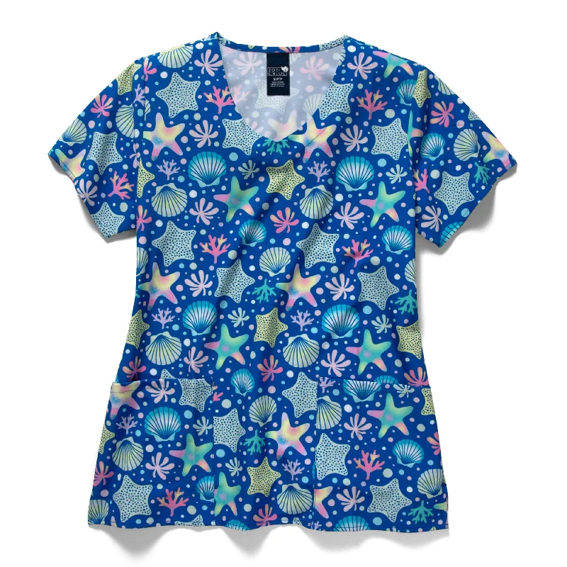 Zoe+Chloe Performance V-Neck Print Scrub Top - Starfish Wish