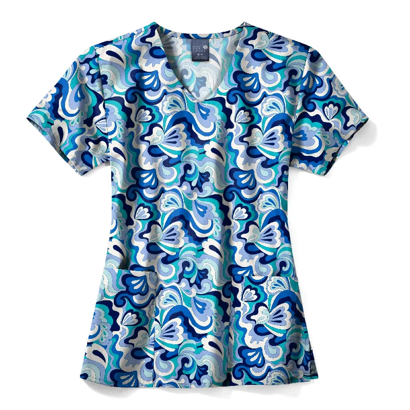 Zoe+Chloe Performance V-Neck Print Scrub Top - Wavy Paisley