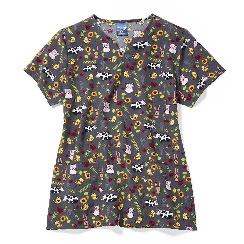 Zoe+Chloe Performance Notch Neck Print Scrub Top - Farm Friends