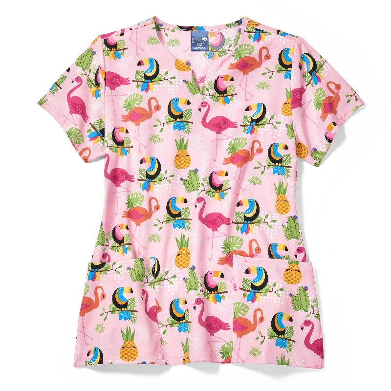 Zoe+Chloe Performance Notch Neck Print Scrub Top - Flamingo Stop