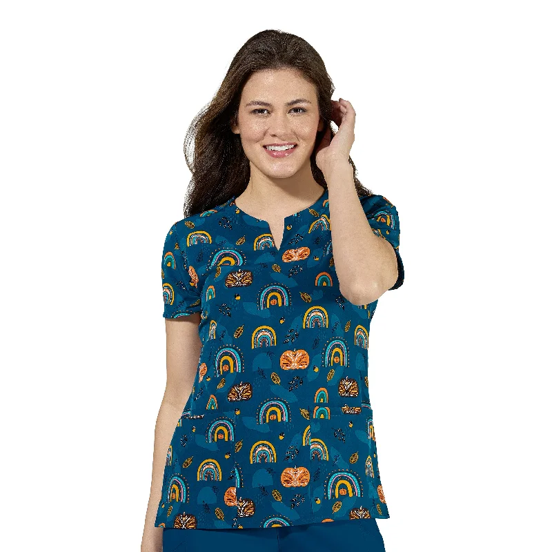 Zoe+Chloe Performance Notch Neck Print Scrub Top - Pumpkin Wishes