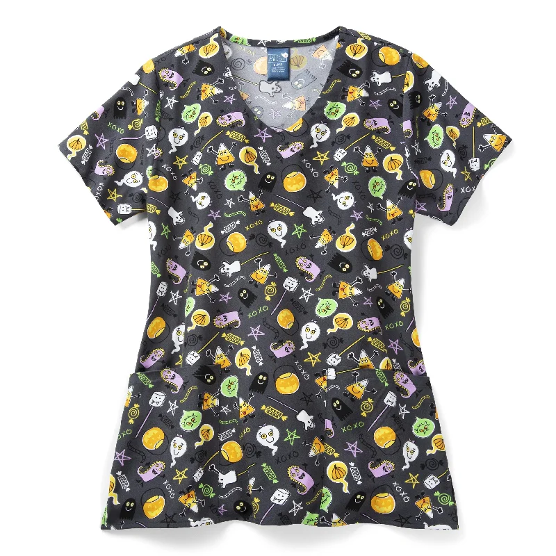 Zoe+Chloe Performance V-Neck Print Scrub Top - Monster Bites