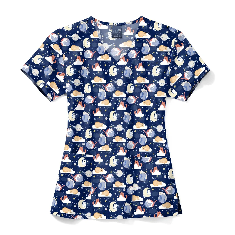 Zoe+Chloe Performance V-Neck Print Scrub Top - Moon Meow