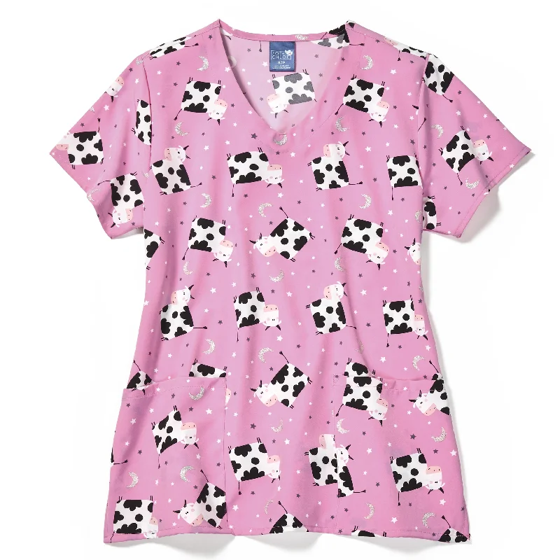 Zoe+Chloe Performance V-Neck Print Scrub Top - Moon Moo