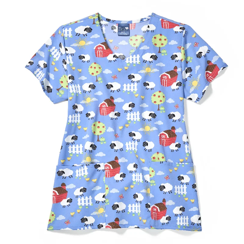 Zoe+Chloe Performance V-Neck Print Scrub Top - Sheep Peeps