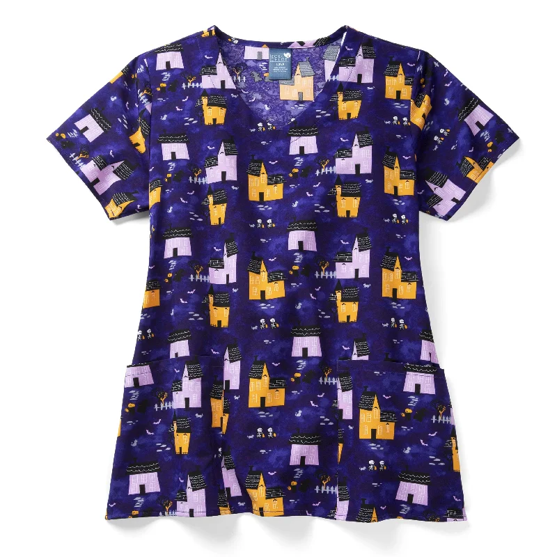 Zoe+Chloe Performance V-Neck Print Scrub Top - Trick or Treat