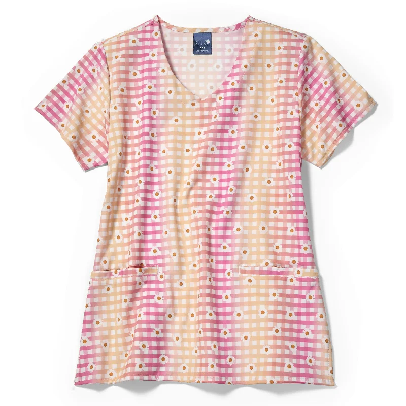 Zoe+Chloe V-Neck Border Print Scrub Top - Check Up