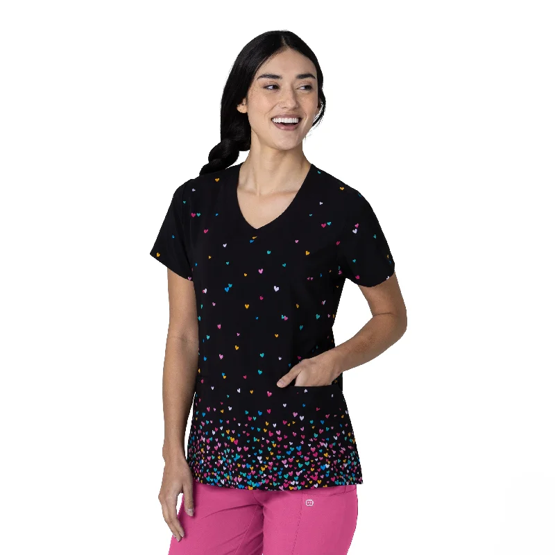 Zoe+Chloe V-Neck Border Print Scrub Top - Confetti Hearts