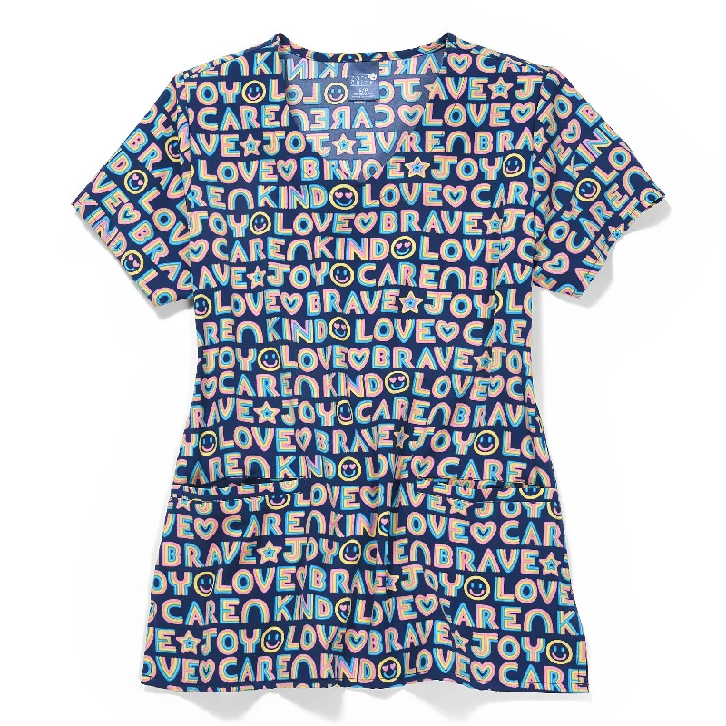 Zoe+Chloe V-Neck Border Print Scrub Top - Love Care Joy