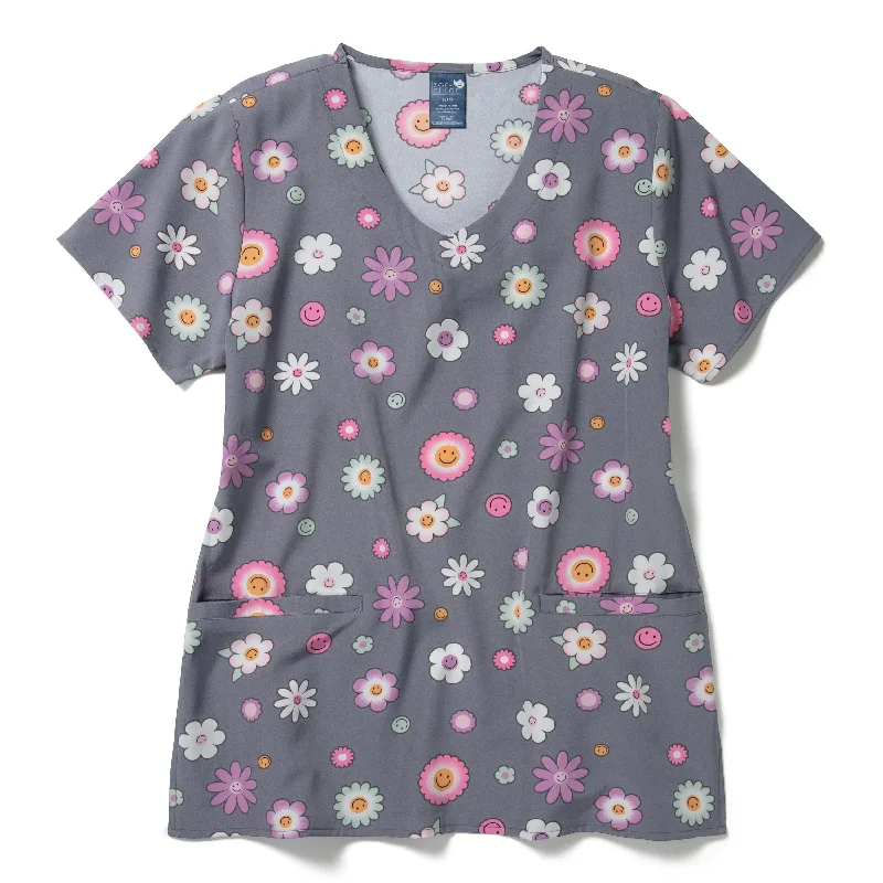 Zoe+Chloe V-Neck Border Print Scrub Top - Pastel Poppy